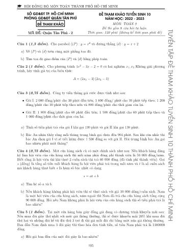 Đề tham khảo tuyển sinh Lớp 10 năm học 2022-2023 môn Toán - Mã đề Quận Tân Phú 2