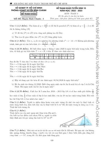 Đề tham khảo tuyển sinh Lớp 10 năm học 2022-2023 môn Toán - Mã đề Quận Bình Chánh 1