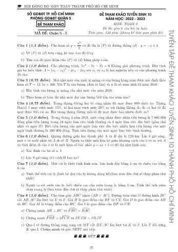 Đề tham khảo tuyển sinh Lớp 10 năm học 2022-2023 môn Toán - Mã đề Quận 5-3