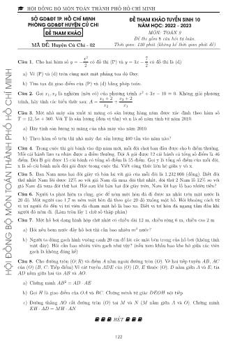 Đề tham khảo tuyển sinh Lớp 10 năm học 2022-2023 môn Toán - Mã đề Huyện Củ Chi 02