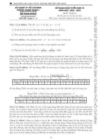 Đề tham khảo tuyển sinh Lớp 10 năm học 2022-2023 môn Toán - Mã đề Quận 1-1