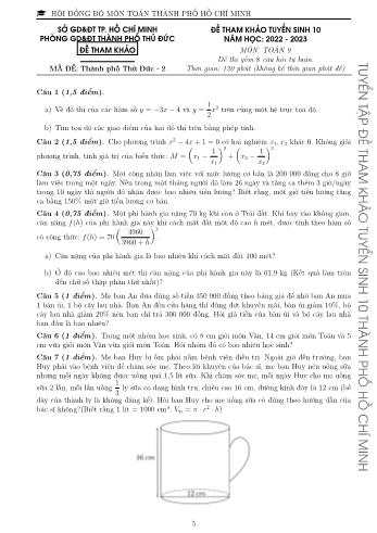 Đề tham khảo tuyển sinh Lớp 10 năm học 2022-2023 môn Toán - Mã đề Thành phố Thủ Đức 2