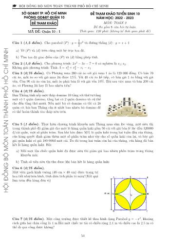 Đề tham khảo tuyển sinh Lớp 10 năm học 2022-2023 môn Toán - Mã đề Quận 10-1