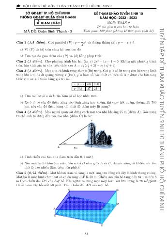 Đề tham khảo tuyển sinh Lớp 10 năm học 2022-2023 môn Toán - Mã đề Quận Bình Thạnh 3