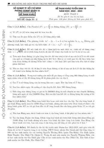 Đề tham khảo tuyển sinh Lớp 10 năm học 2022-2023 môn Toán - Mã đề Quận 10-2