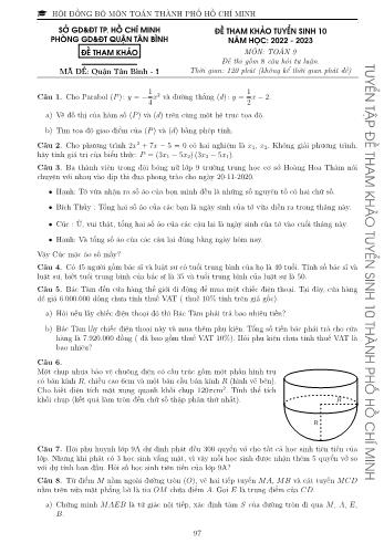 Đề tham khảo tuyển sinh Lớp 10 năm học 2022-2023 môn Toán - Mã đề Quận Tân Bình 1