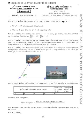 Đề tham khảo tuyển sinh Lớp 10 năm học 2022-2023 môn Toán - Mã đề Quận Bình Thạnh 2