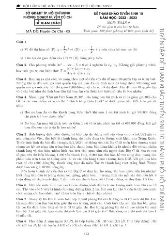 Đề tham khảo tuyển sinh Lớp 10 năm học 2022-2023 môn Toán - Mã đề Huyện Củ Chi 03