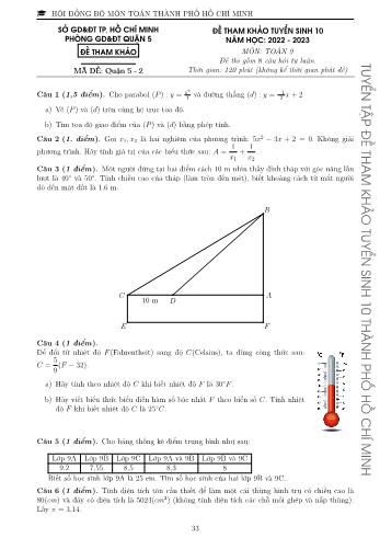 Đề tham khảo tuyển sinh Lớp 10 năm học 2022-2023 môn Toán - Mã đề Quận 5-2