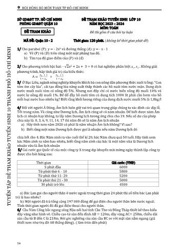 Đề tham khảo tuyển sinh Lớp 10 năm học 2023-2024 môn Toán - Mã đề Quận 10-2