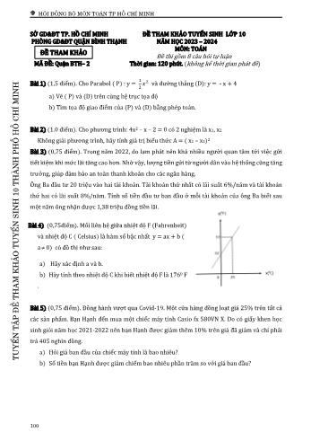 Đề tham khảo tuyển sinh Lớp 10 năm học 2023-2024 môn Toán - Mã đề Quận BTH 2