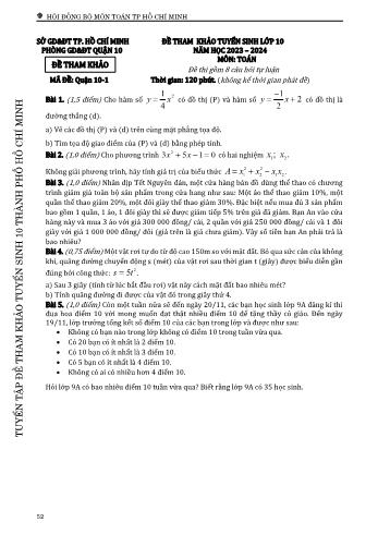 Đề tham khảo tuyển sinh Lớp 10 năm học 2023-2024 môn Toán - Mã đề Quận 10-1
