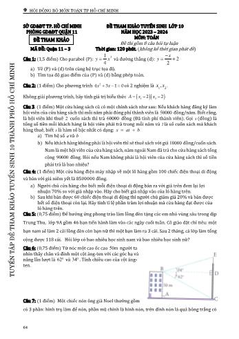 Đề tham khảo tuyển sinh Lớp 10 năm học 2023-2024 môn Toán - Mã đề Quận 11-3