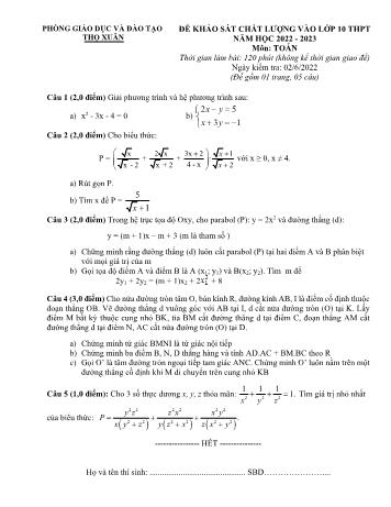Đề khảo sát chất lượng vào Lớp 10 THPT năm học 2022-2023 môn Toán - PGD&ĐT Thọ Xuân (Có đáp án)