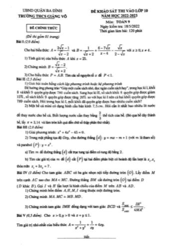 Đề khảo sát thi vào Lớp 10 năm học 2022-2023 môn Toán - Trường THCS Giảng Võ