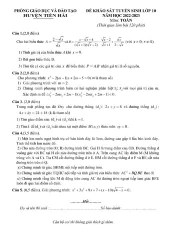 Đề khảo sát tuyển sinh Lớp 10 năm học 2022-2023 môn Toán - PGD&ĐT huyện Tiền Hải (Có đáp án)