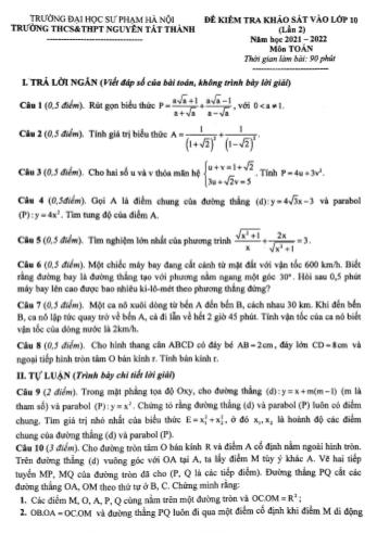 Đề kiểm tra khảo sát vào Lớp 10 lần 2 năm học 2021-2022 môn Toán - Trường THCS&THPT Nguyễn Tất Thành