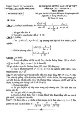 Đề thi định hướng vào Lớp 10 THPT năm học 2021-2022 (Lần 2) môn Toán - Trường THCS Trần Mai Ninh