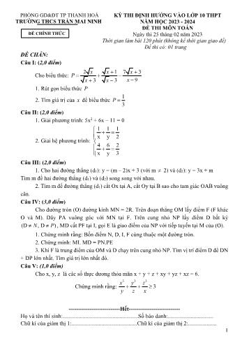 Đề thi định hướng vào Lớp 10 THPT năm học 2023-2024 môn Toán - Trường THCS Trần Mai Ninh (Có đáp án)