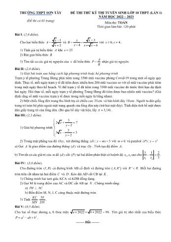 Đề thi thử kỳ thi tuyển sinh Lớp 10 THPT (Lần 1) năm học 2022-2023 môn Toán - Trường THPT Sơn Tây
