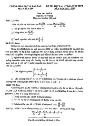 Đề thi thử lần 1 vào Lớp 10 THPT năm học 2022-2023 môn Toán - PGD&ĐT Quận Tây Hồ