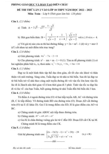 Đề thi thử lần 2 vào Lớp 10 THPT năm học 2022-2023 môn Toán - PGD&ĐT Diễn Châu