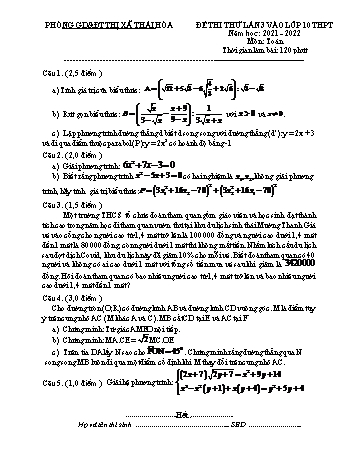 Đề thi thử lần 3 vào Lớp 10 THPT năm học 2021-2022 môn Toán - PGD&ĐT Thị xã Thái Hòa (Có đáp án)
