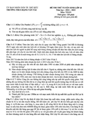 Đề thi thử tuyển sinh Lớp 10 năm học 2022-2023 môn Toán - Trường THCS Đặng Tấn Tài