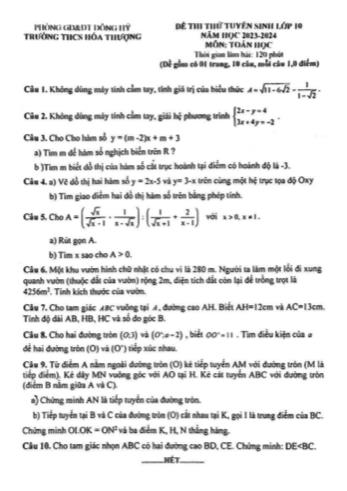 Đề thi thử tuyển sinh Lớp 10 năm học 2023-2023 môn Toán - Trường THCS Hóa Thượng