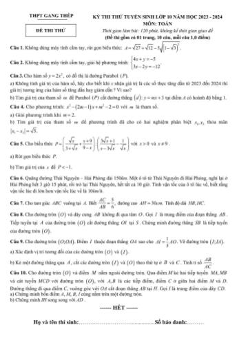 Đề thi thử tuyển sinh Lớp 10 năm học 2023-2024 môn Toán - Trường THPT Gang Thép (Có đáp án)