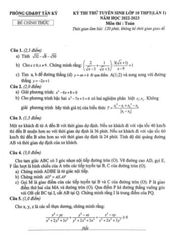 Đề thi thử tuyển sinh Lớp 10 THPT (Lần 1) năm học 2022-2023 môn Toán - PGD&ĐT Tân Kỳ