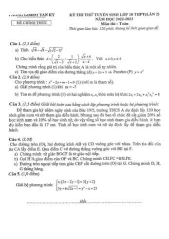 Đề thi thử tuyển sinh Lớp 10 THPT (Lần 2) năm học 2022-2023 môn Toán - PGD&ĐT Tân Kỳ