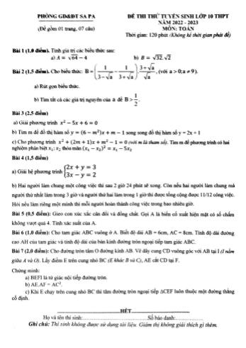Đề thi thử tuyển sinh Lớp 10 THPT năm 2022-2023 môn Toán - PGD&ĐT Sa Pa