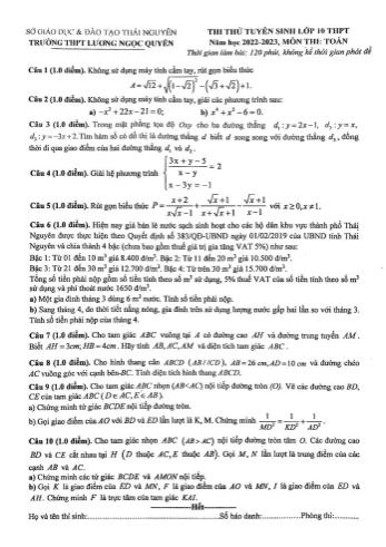 Đề thi thử tuyển sinh Lớp 10 THPT năm học 2022-2023 môn Toán - Trường THPT Lương Ngọc Quyến