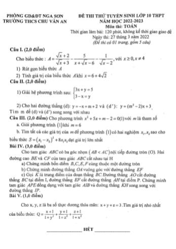 Đề thi thử tuyển sinh Lớp 10 THPT năm học 2022-2023 môn Toán - Trường THCS Chu Văn An