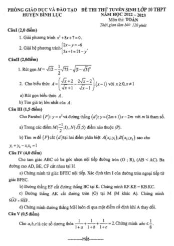 Đề thi thử tuyển sinh Lớp 10 THPT năm học 2022-2023 môn Toán - PGD&ĐT huyện Bình Lục