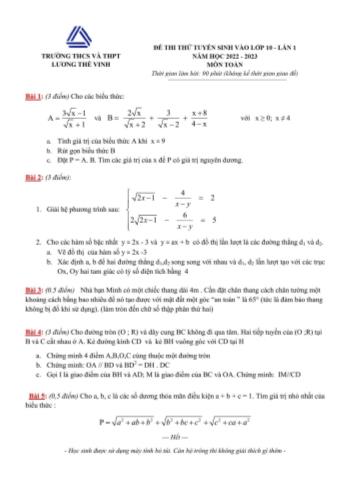 Đề thi thử tuyển sinh vào Lớp 10 lần 1 năm học 2022-2023 môn Toán - Trường THCS và THPT Lương Thế Vinh