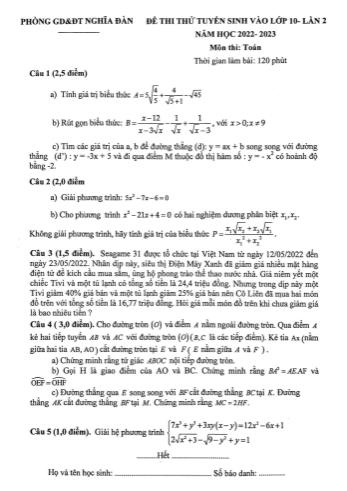 Đề thi thử tuyển sinh vào Lớp 10 lần 2 năm học 2022-2023 môn Toán - PGD&ĐT Nghĩa Đàn