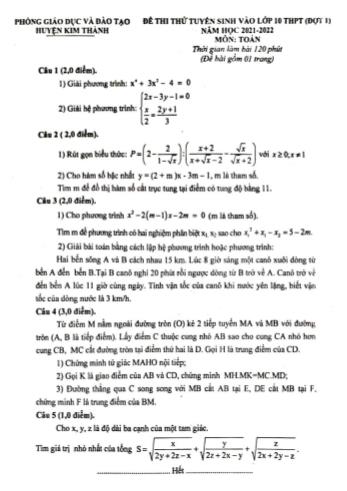 Đề thi thử tuyển sinh vào Lớp 10 THPT (Đợt 1) năm học 2021-2022 môn Toán - PGD&ĐT huyện Kim Thành