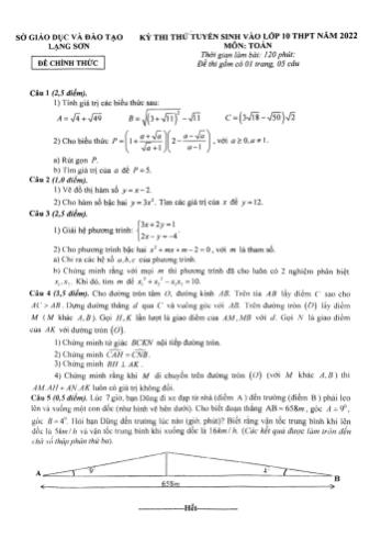 Đề thi thử tuyển sinh vào Lớp 10 THPT năm 2022 môn Toán - SGD&ĐT Lạng Sơn