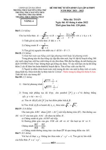 Đề thi thử tuyển sinh vào Lớp 10 THPT năm học 2021-2022 môn Toán - Vòng 4 - Trường THCS Nguyễn Công Trứ, Nguyễn Trãi, Ba Đình, Thống Nhất (Có đáp án)