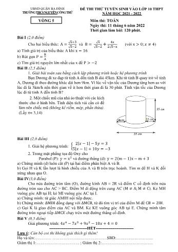 Đề thi thử tuyển sinh vào Lớp 10 THPT năm học 2021-2022 môn Toán - Vòng 5 - Trường THCS Nguyễn Công Trứ (Có đáp án)