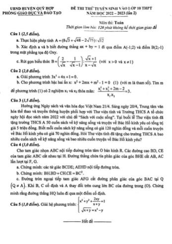 Đề thi thử tuyển sinh vào Lớp 10 THPT năm học 2022-2023 (Lần 2) môn Toán - PGD&ĐT huyện Quỳ Hợp