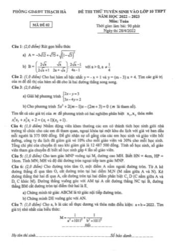 Đề thi thử tuyển sinh vào Lớp 10 THPT năm học 2022-2023 môn Toán - PGD&ĐT Thạch Hà
