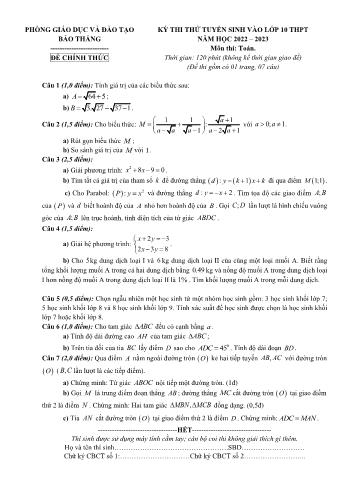 Đề thi thử tuyển sinh vào Lớp 10 THPT năm học 2022-2023 môn Toán - PGD&ĐT Bảo Thắng (Có đáp án)