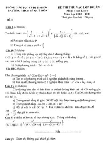 Đề thi thử vào Lớp 10 Lần 1 môn Toán - Năm học 2022-2023 - Trường THCS Lê Quý Đôn
