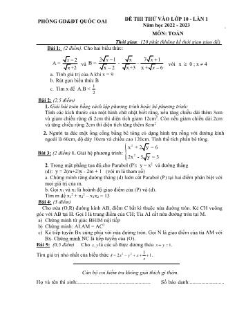 Đề thi thử vào Lớp 10 Lần 1 năm học 2022-2023 môn Toán - PGD&ĐT Quốc Oai (Có đáp án)