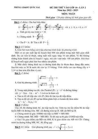 Đề thi thử vào Lớp 10 Lần 2 năm học 2022-2023 môn Toán - PGD&ĐT Quốc Oai (Có đáp án)