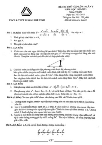 Đề thi thử vào Lớp 10 Lần 2 năm học 2022-2023 môn Toán - Trường THCS&THPT Lương Thế Vinh