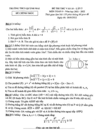 Đề thi thử vào Lớp 10 Lần 3 môn Toán - Năm học 2021-2022 - Trường THCS Quỳnh Mai